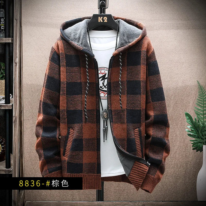 Mens Hooded Winter Jacket Plaid Warm Fit