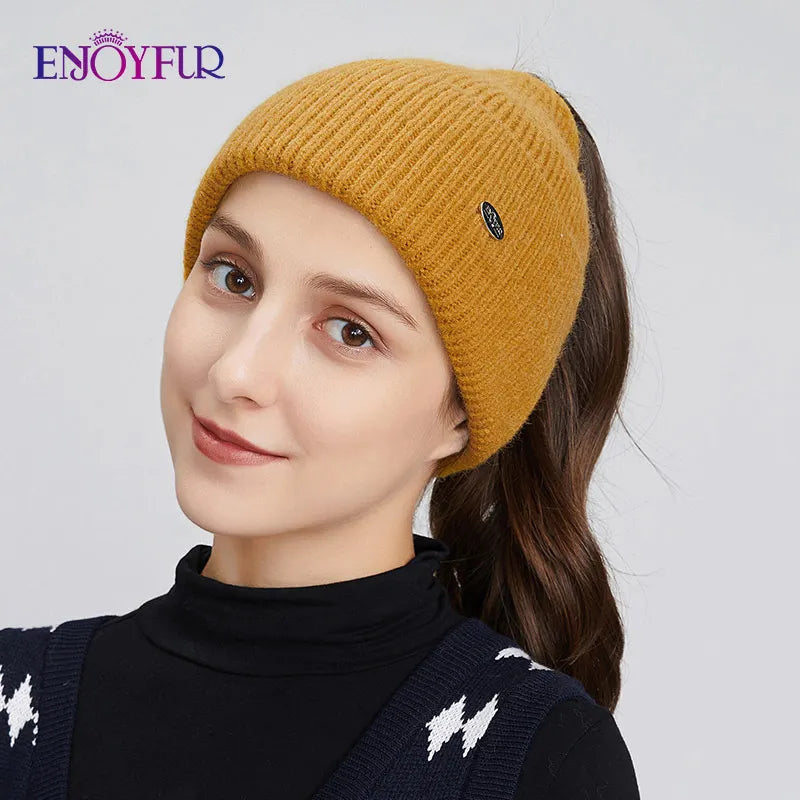 Womens Knitted Ponytail Hat Slouchy Warm