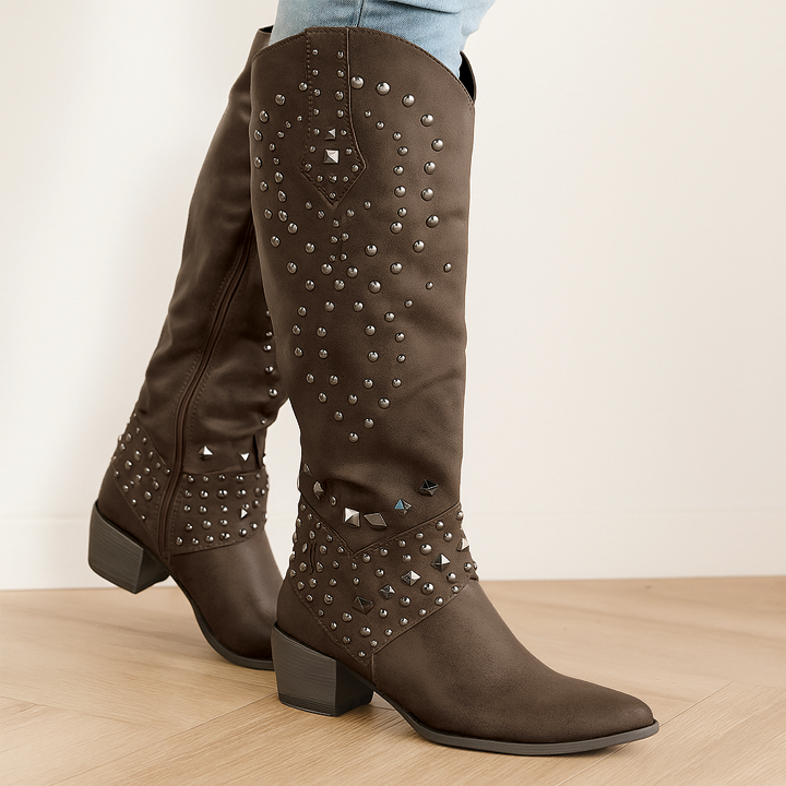 Womens Knee-High Boots Western Style Leather - BritishMode