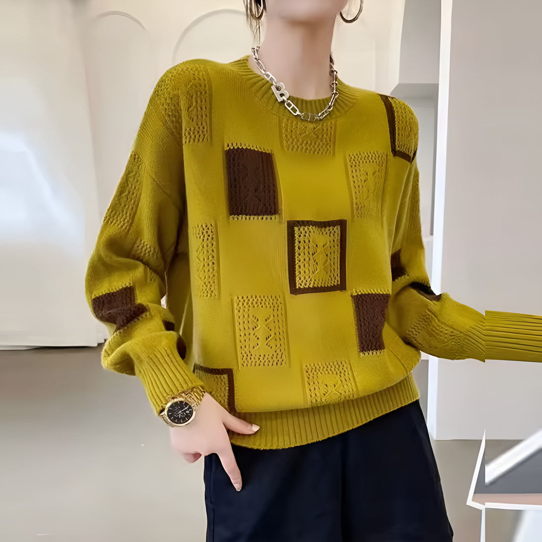 Womens Knit Sweater Geometric Print Crew Neck Long Sleeve