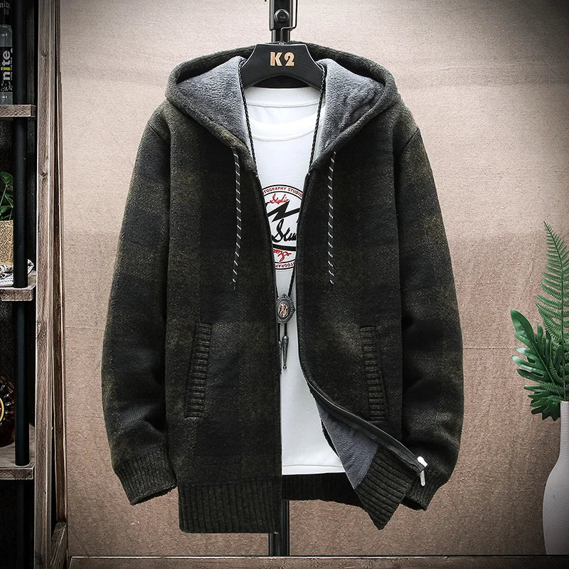Mens Hooded Winter Jacket Plaid Warm Fit