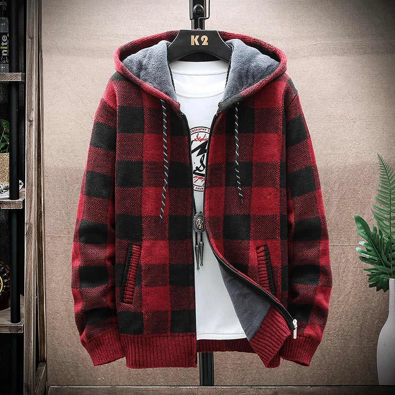 Mens Hooded Winter Jacket Plaid Warm Fit