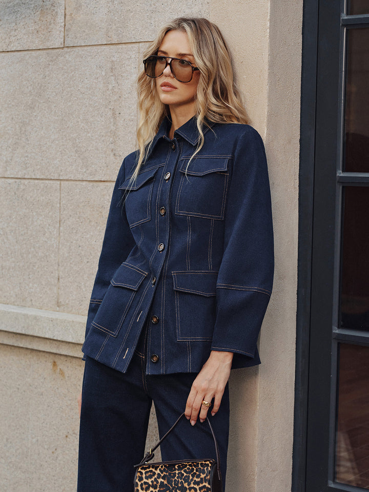 Womens Cropped Denim Jacket Contrast Stitch Trendy Fit