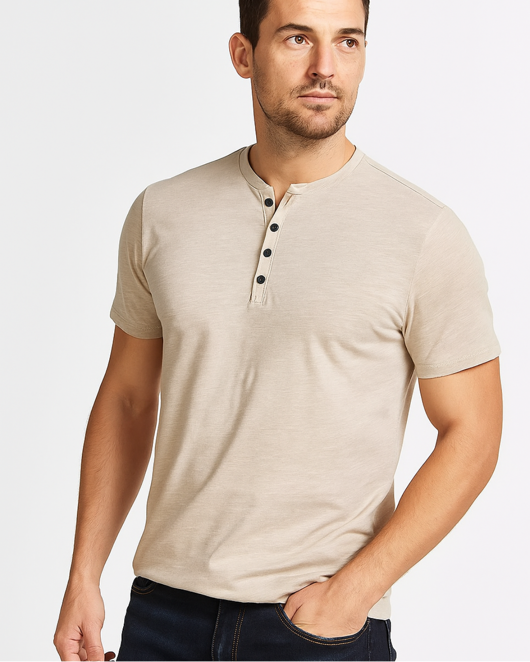Mens Henley Shirt Cotton Button Placket Slim Fit