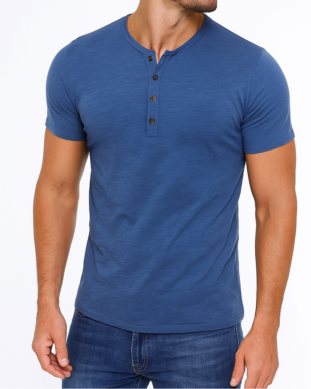 Mens Henley Shirt Cotton Button Placket Slim Fit