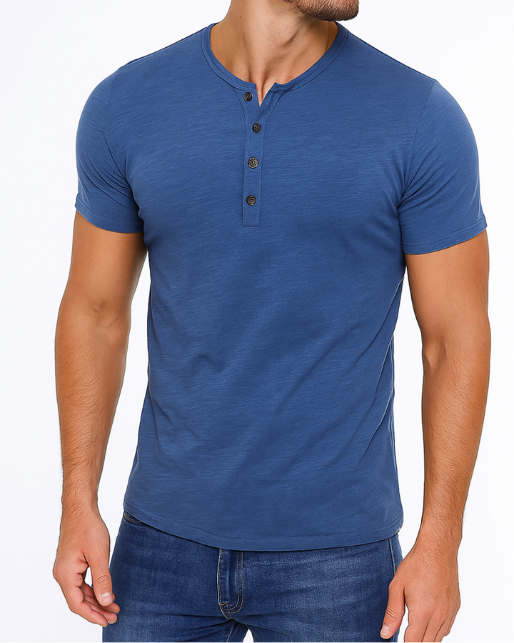 Mens Henley Shirt Cotton Button Placket Slim Fit