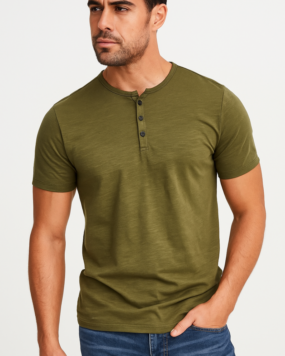 Mens Henley Shirt Cotton Button Placket Slim Fit