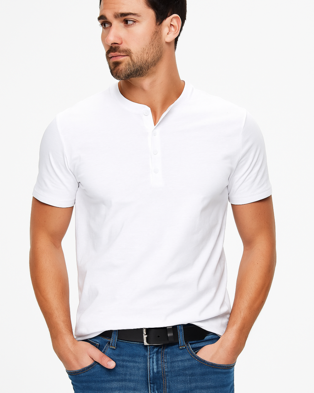Mens Henley Shirt Cotton Button Placket Slim Fit