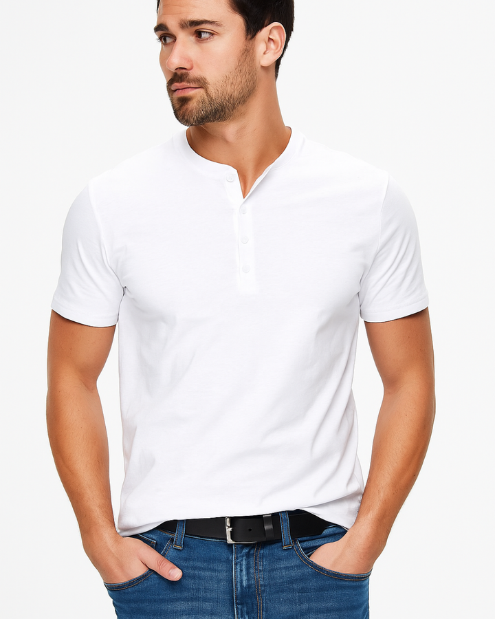Mens Henley Shirt Cotton Button Placket Slim Fit