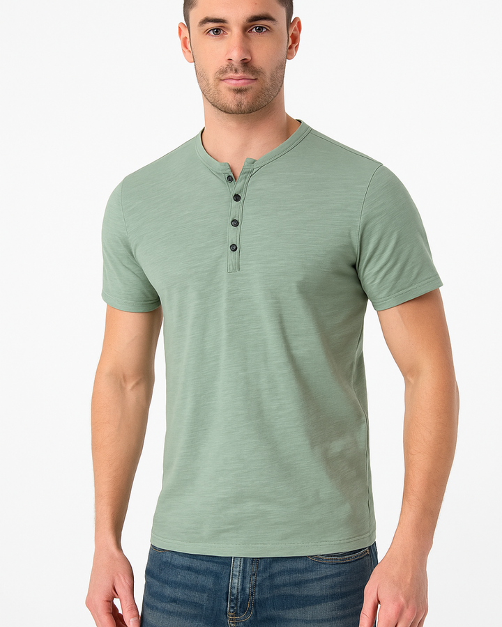 Mens Henley Shirt Cotton Button Placket Slim Fit