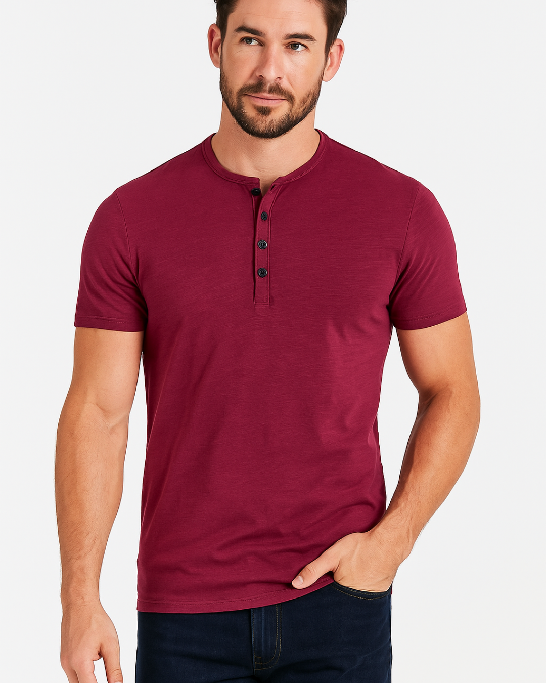 Mens Henley Shirt Cotton Button Placket Slim Fit
