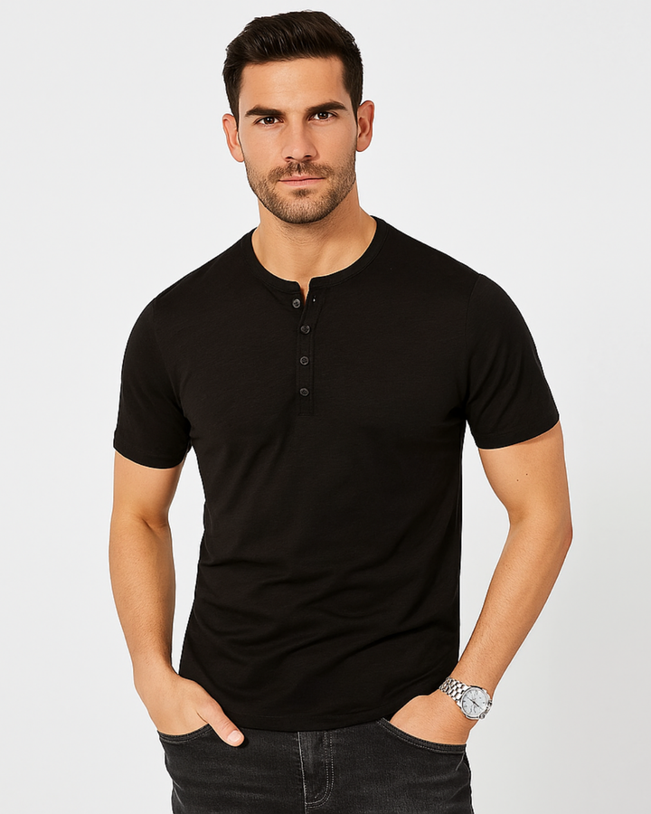 Mens Henley Shirt Cotton Button Placket Slim Fit - BritishMode