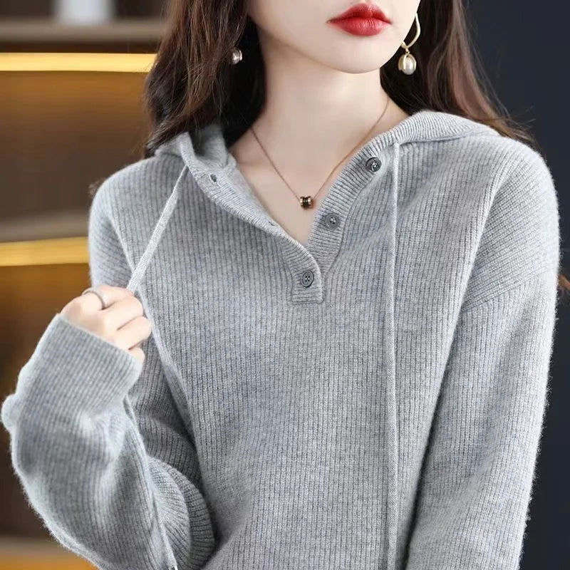 Womens Hooded Cardigan Soft Polyester Knit V-Neck Button Front