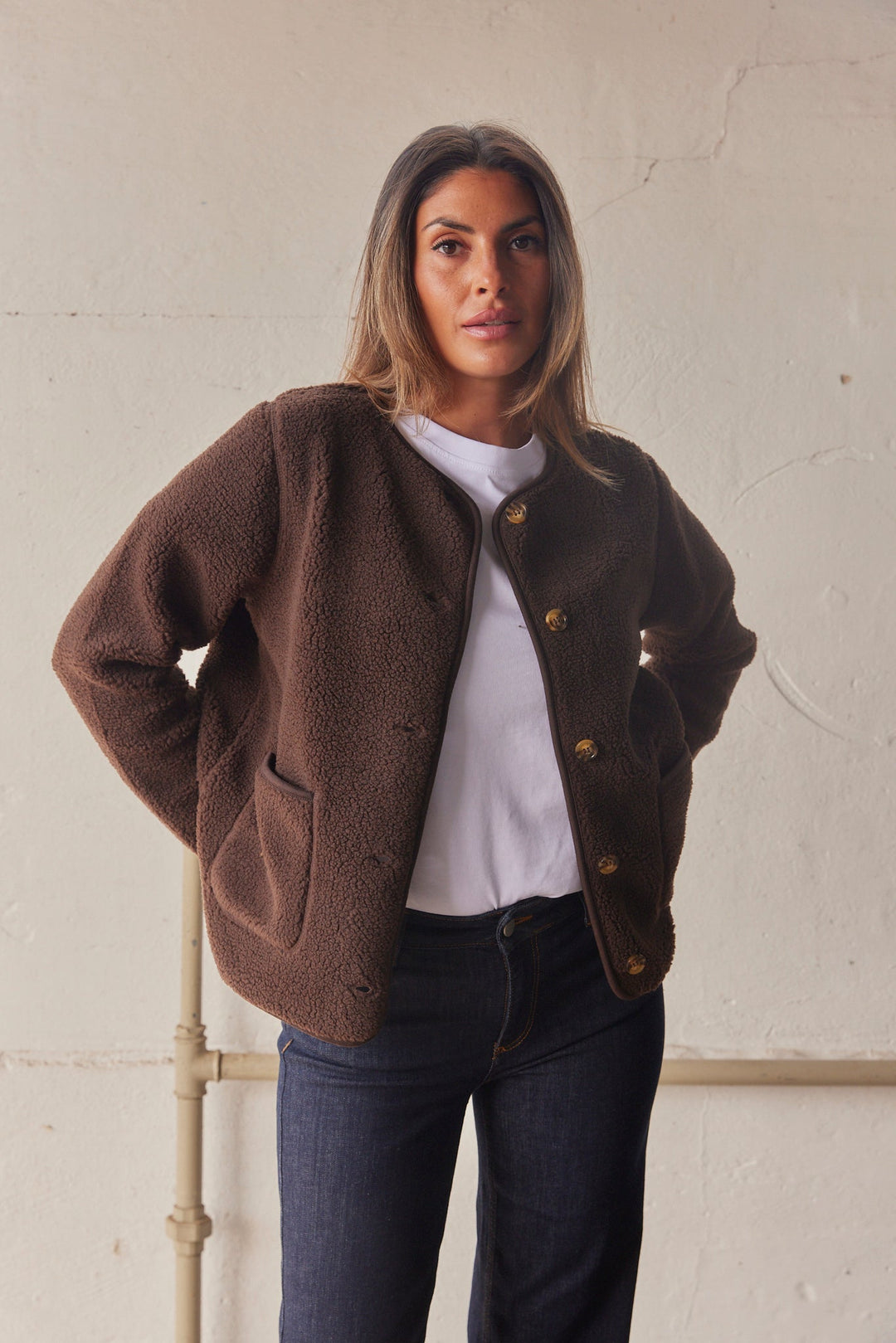 Womens Sherpa Jacket Collarless Style - BritishMode