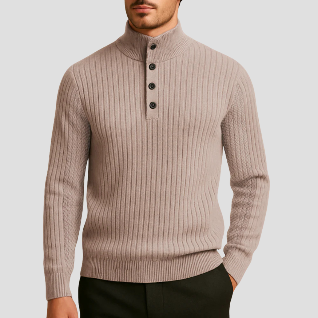 Mens Ribbed Sweater Mock Neck Button Front - BritishMode