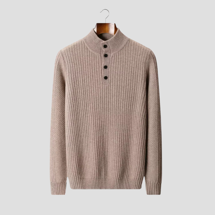 Mens Ribbed Sweater Mock Neck Button Front