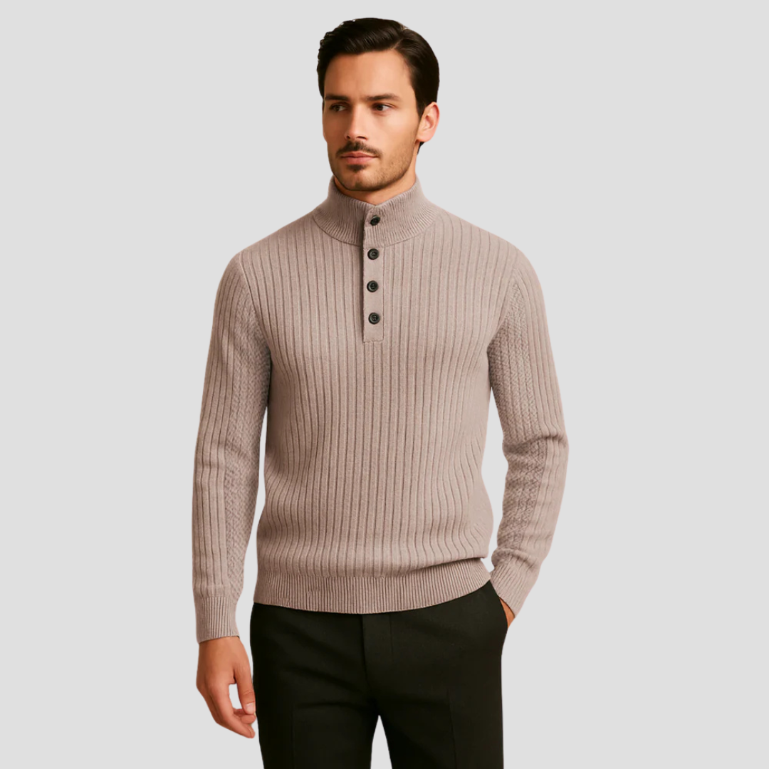 Mens Ribbed Sweater Mock Neck Button Front