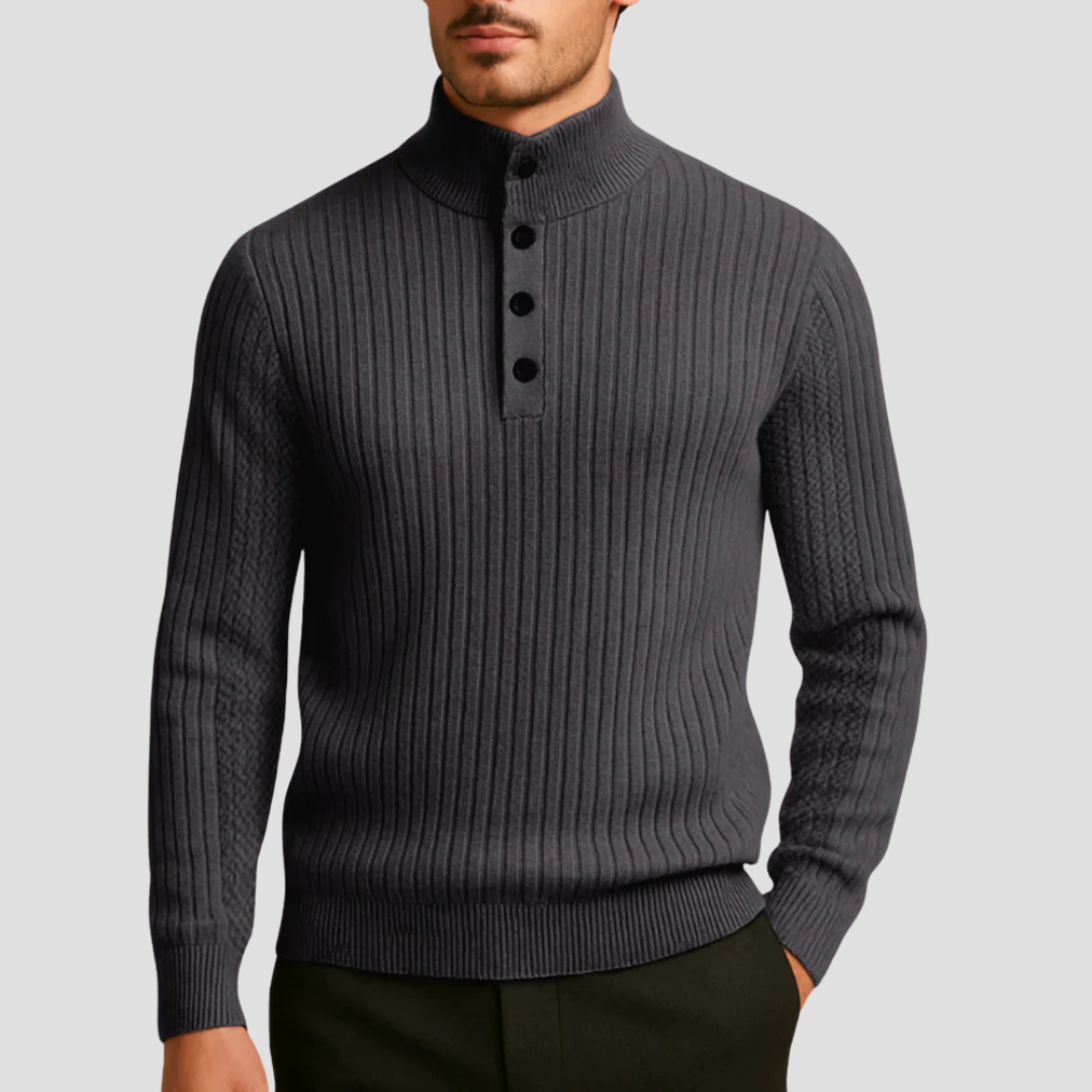 Mens Ribbed Sweater Mock Neck Button Front