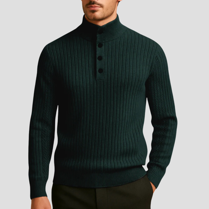 Mens Ribbed Sweater Mock Neck Button Front