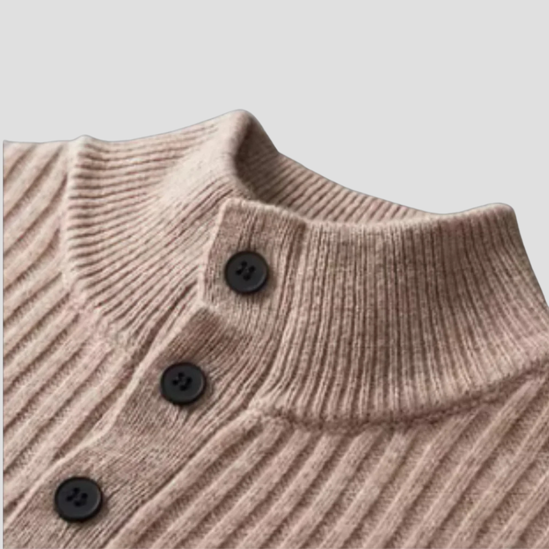 Mens Ribbed Sweater Mock Neck Button Front