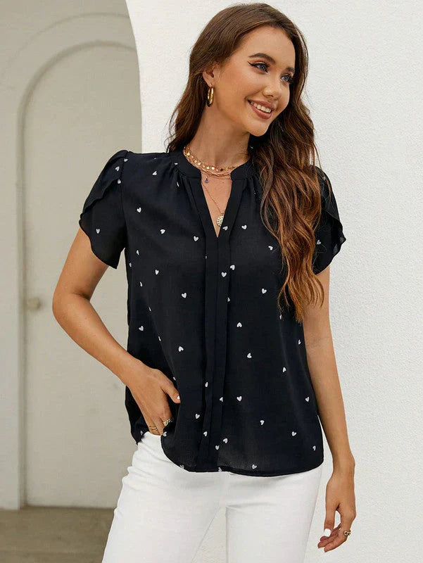 Womens Blouse V-Neck Puff Sleeve Lightweight Fabric