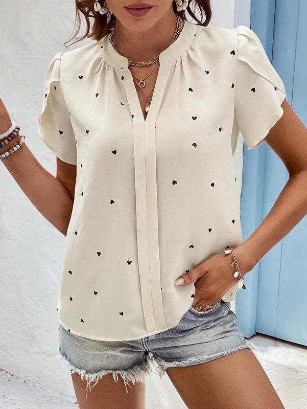 Womens Blouse V-Neck Puff Sleeve Lightweight Fabric