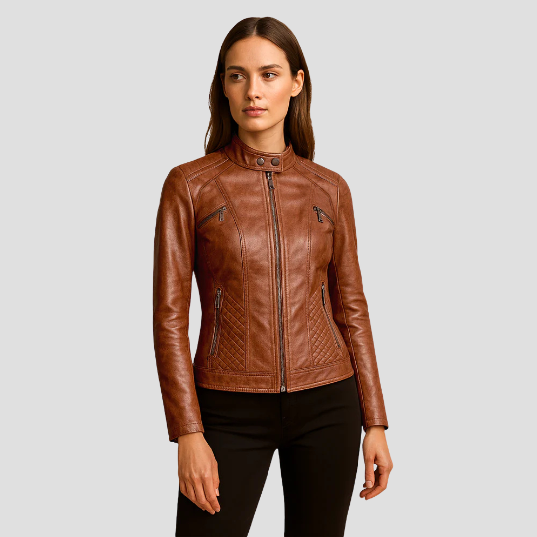 Womens Quilted Jacket Faux Leather Regular Fit