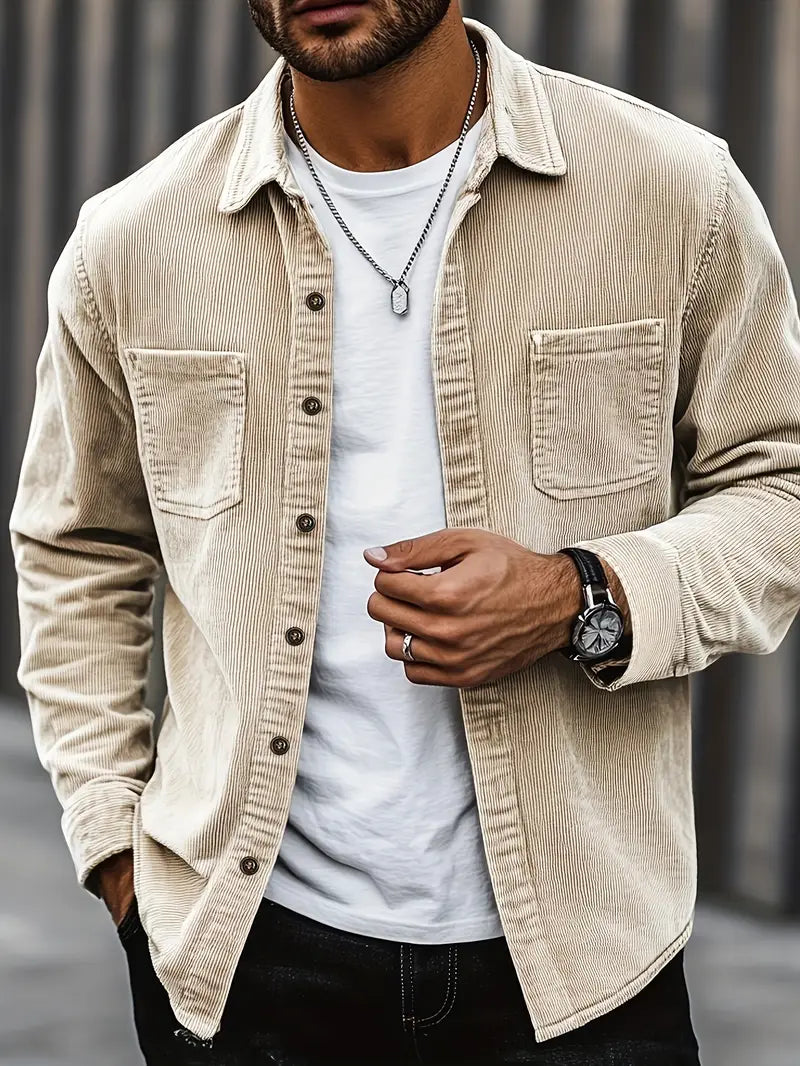 Mens Corduroy Blend Jacket Button Front with Pockets Warm