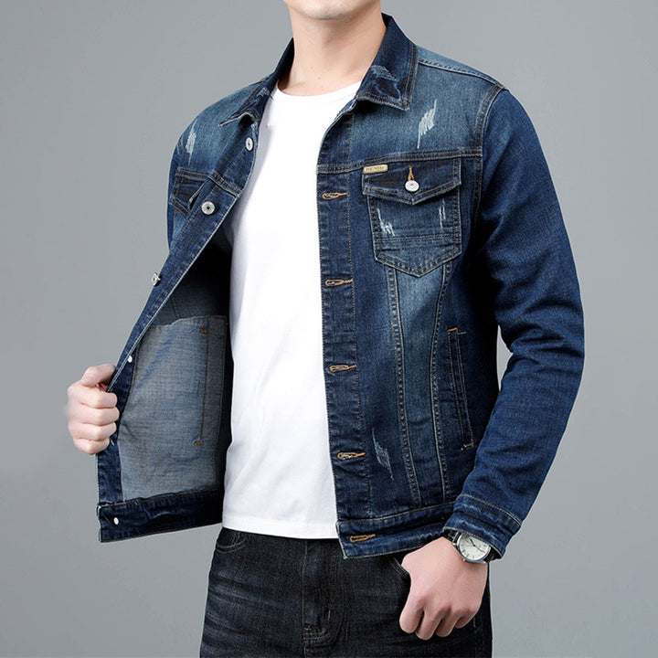 Mens Denim Blend Jacket Structured Cut Button Front Closure
