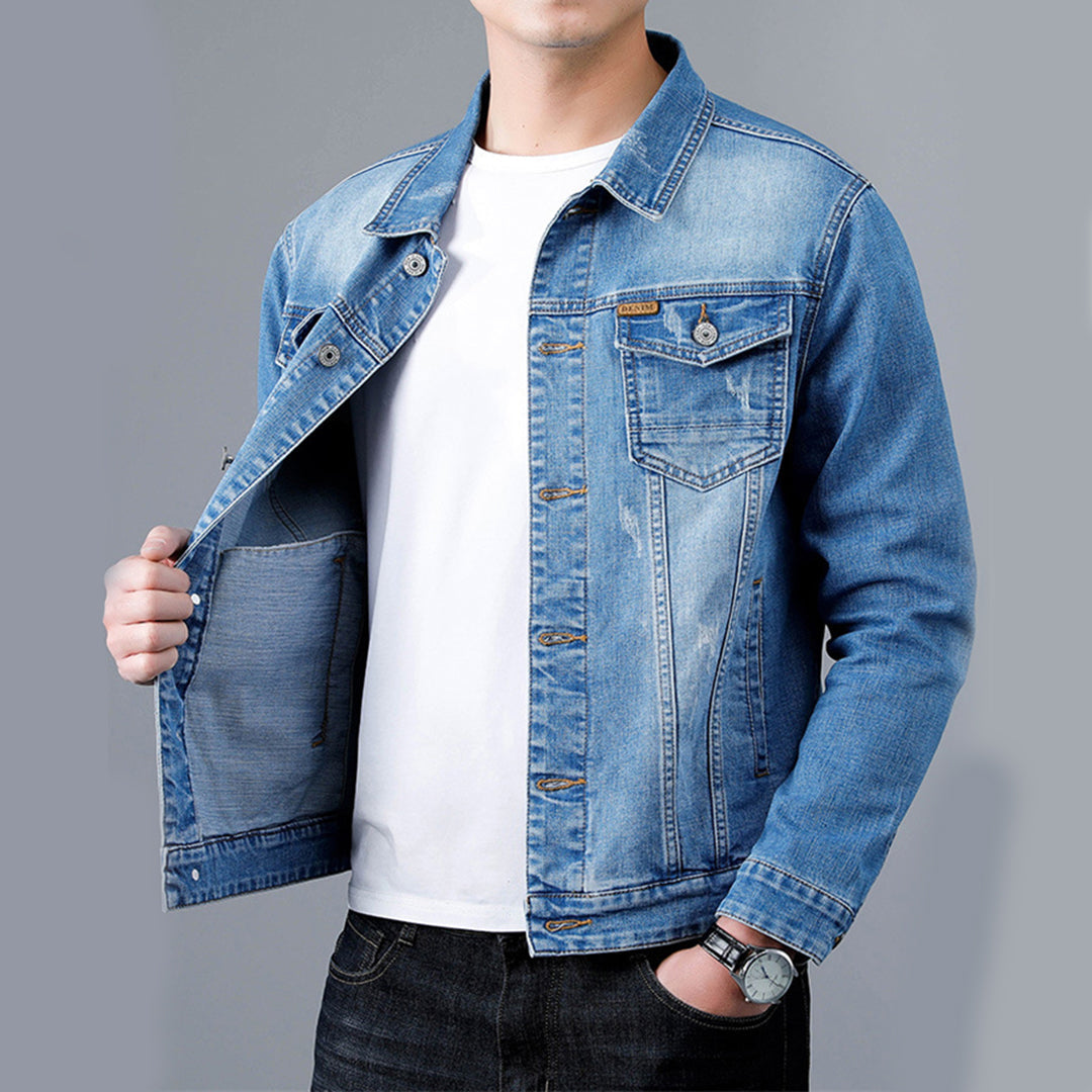 Mens Denim Blend Jacket Structured Cut Button Front Closure