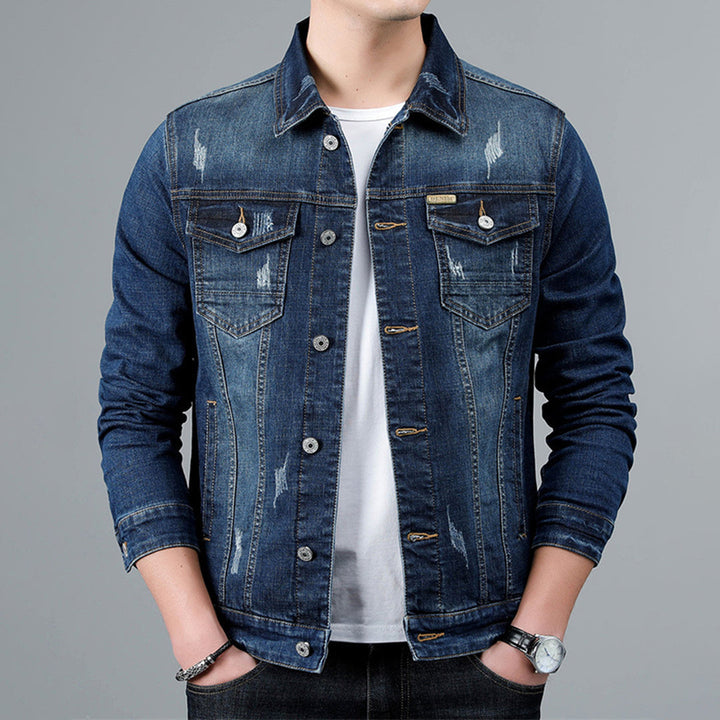 Mens Denim Blend Jacket Structured Cut Button Front Closure - BritishMode