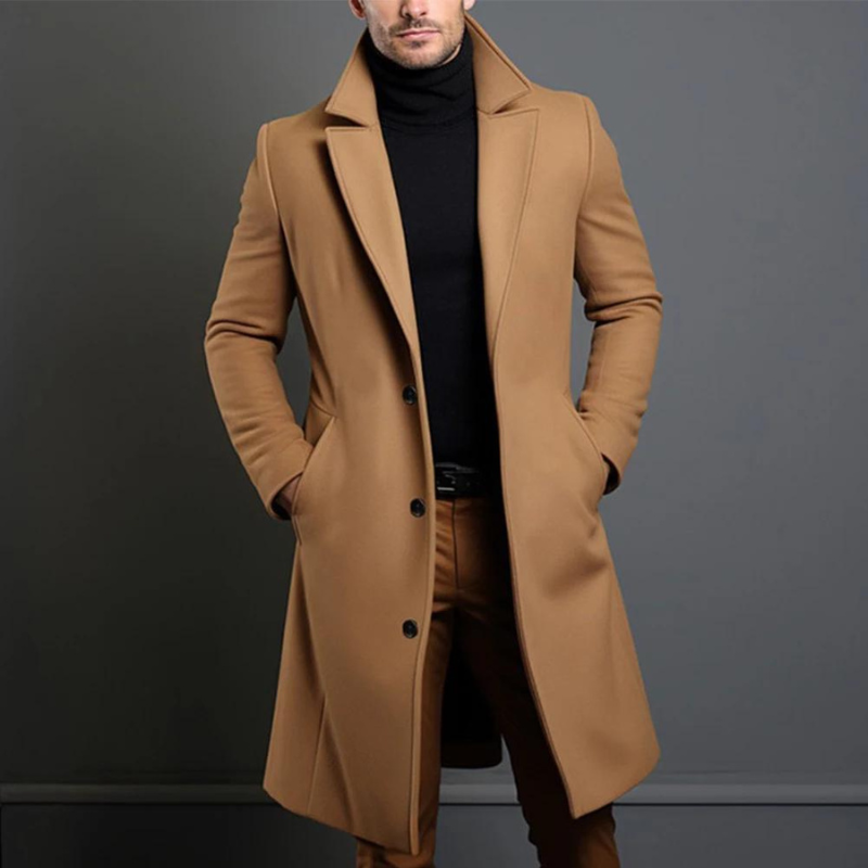 Mens Classic Long Overcoat Wool Lapel Collar