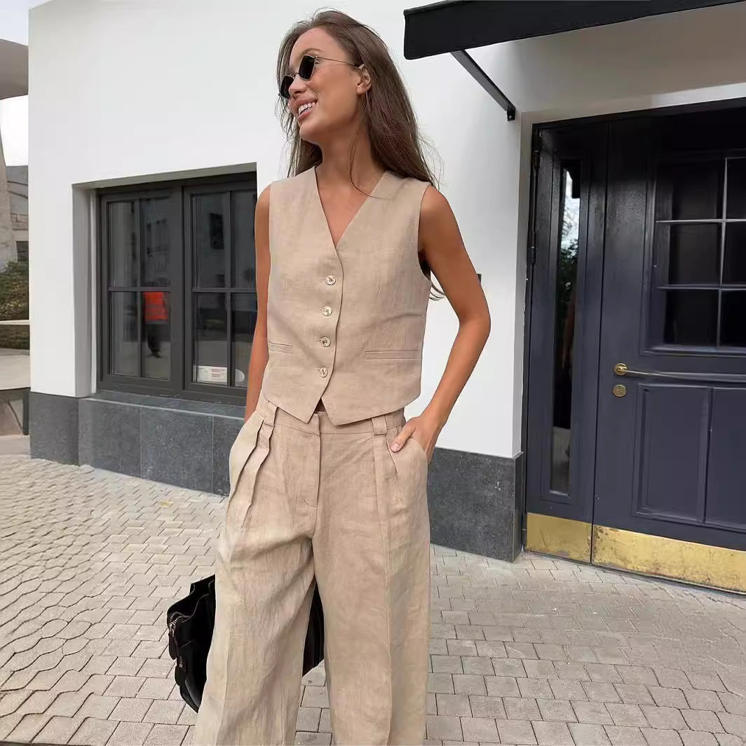 Womens Sleeveless Vest and Wide-Leg Pants Set