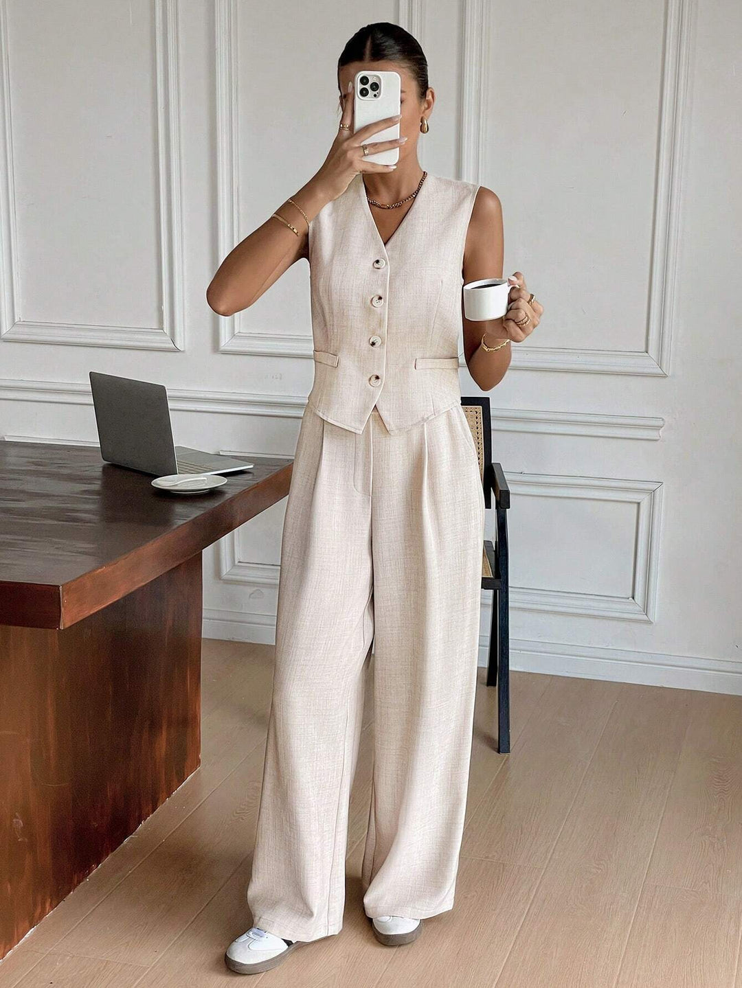 Womens Sleeveless Vest and Wide-Leg Pants Set