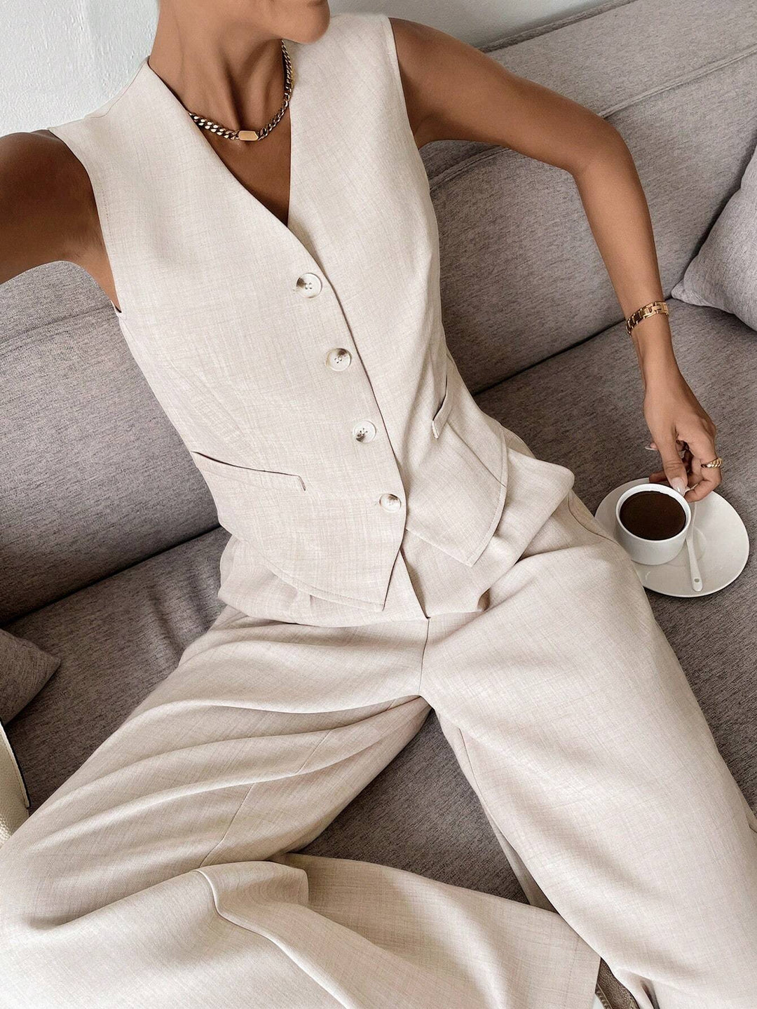 Womens Sleeveless Vest and Wide-Leg Pants Set