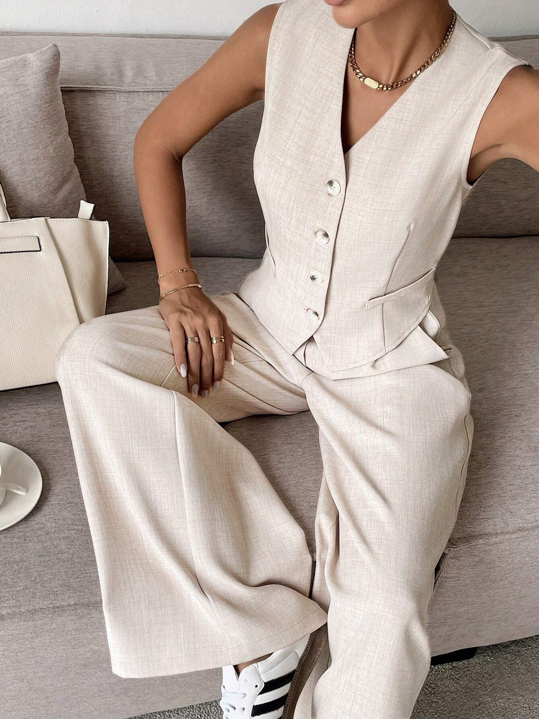 Womens Sleeveless Vest and Wide-Leg Pants Set