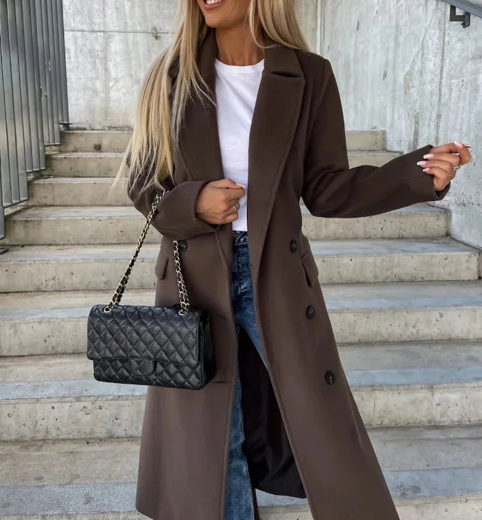Womens Double-Breasted Winter Coat Wool Blend Classic Fit
