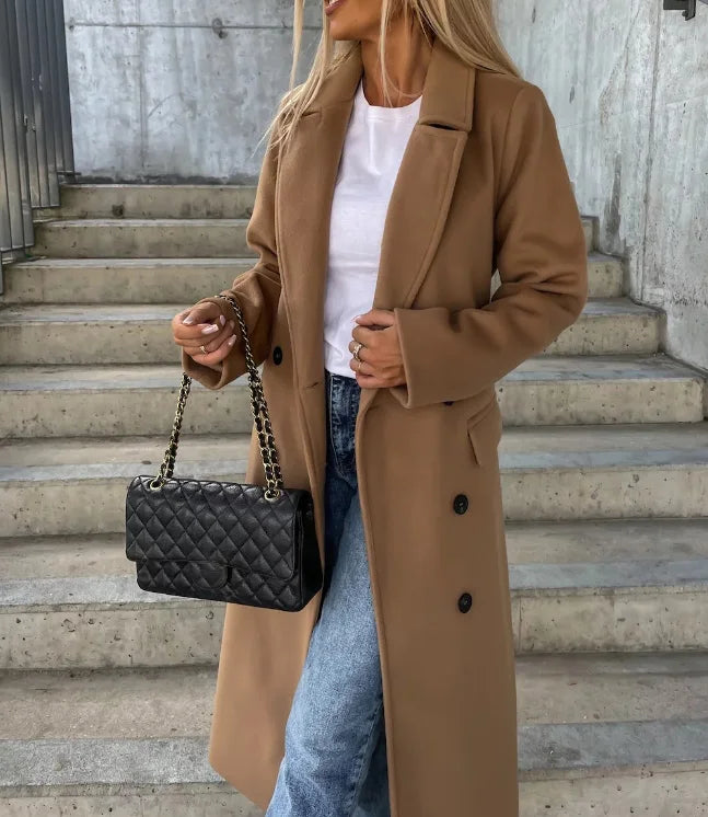 Womens Double-Breasted Winter Coat Wool Blend Classic Fit