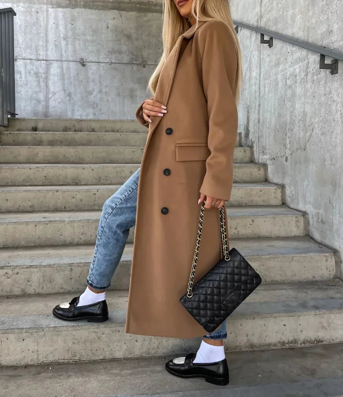 Womens Double-Breasted Winter Coat Wool Blend Classic Fit