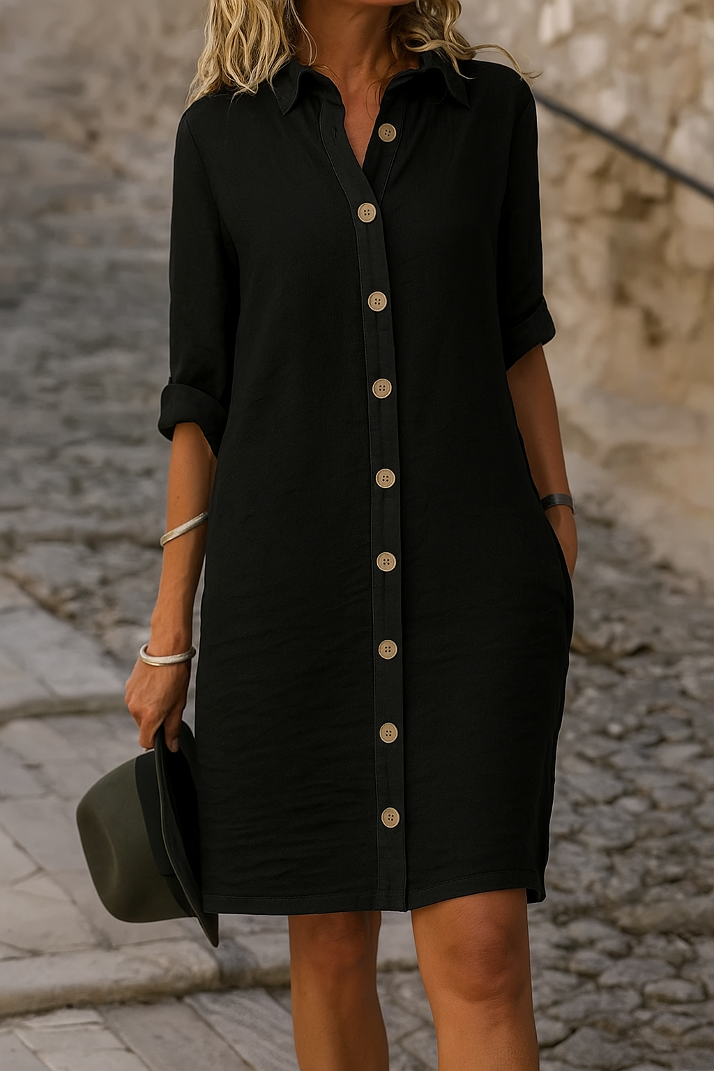 Womens Midi Dress Button-Front with Pockets - BritishMode