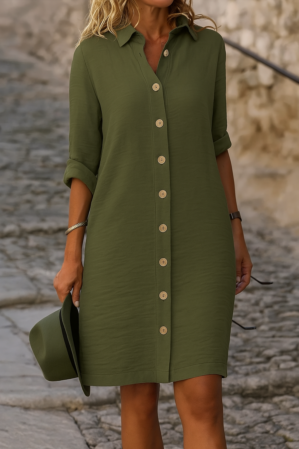 Womens Midi Dress Button-Front with Pockets