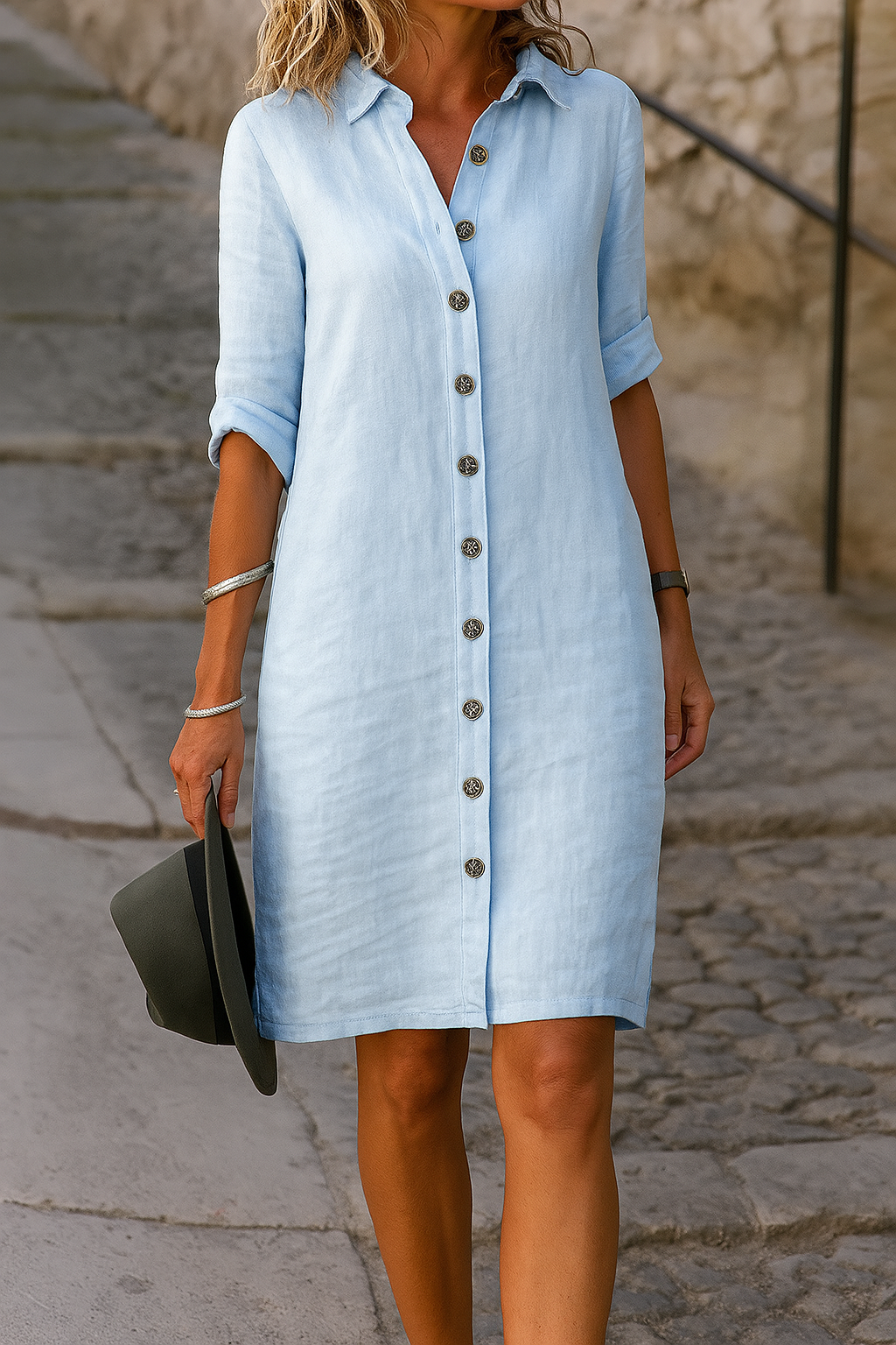 Womens Midi Dress Button-Front with Pockets