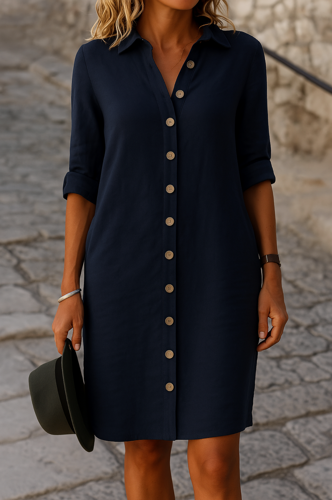 Womens Midi Dress Button-Front with Pockets