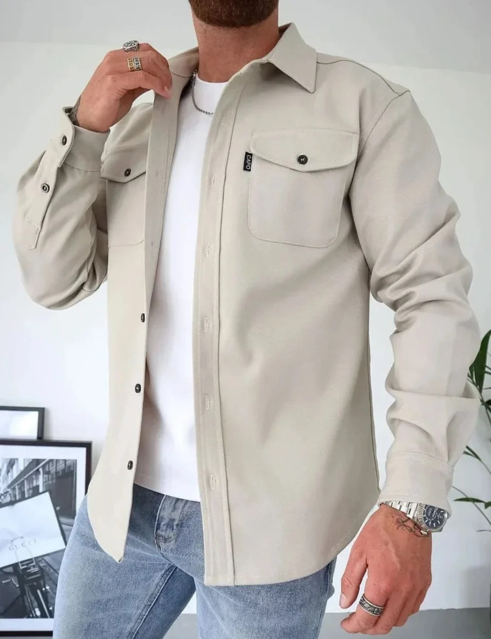 Mens Button-Up Shirt Jacket Casual Versatile Fit