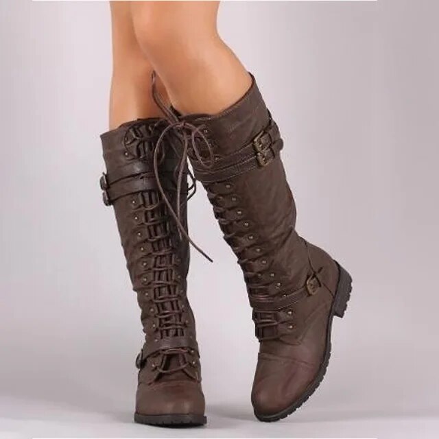 Womens Flat Boots Lace-Up Vintage Style Steampunk Buckle - BritishMode