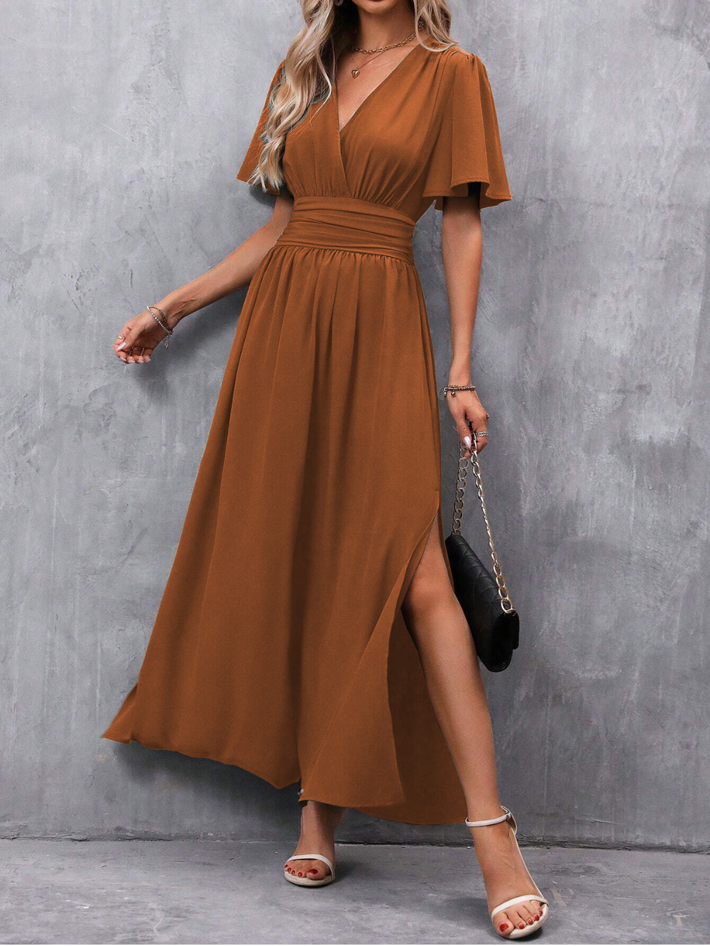 Womens Long Dress with Belt Flowing Skirt Elegant Fit