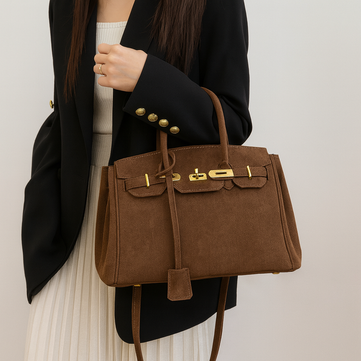 Womens Suede Shoulder Bag with Hardware Details