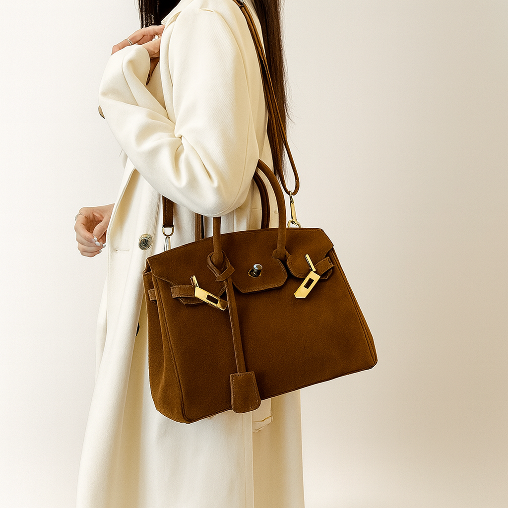 Womens Suede Shoulder Bag with Hardware Details