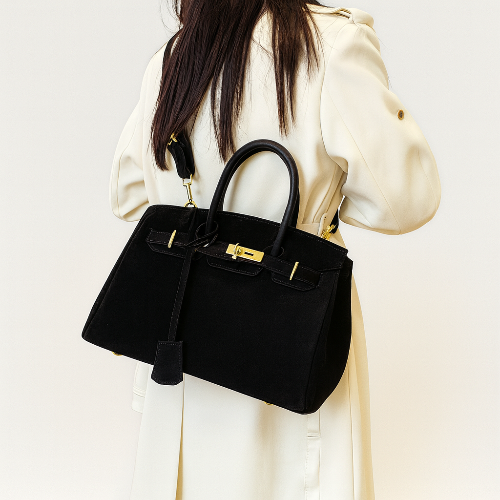 Womens Suede Shoulder Bag with Hardware Details