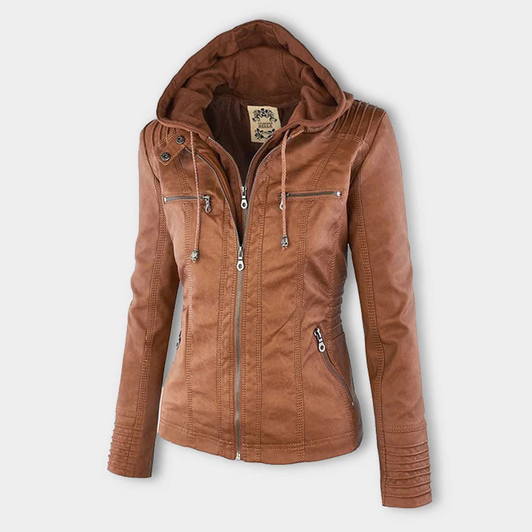 Womens PU Leather Jacket with Hooded Style